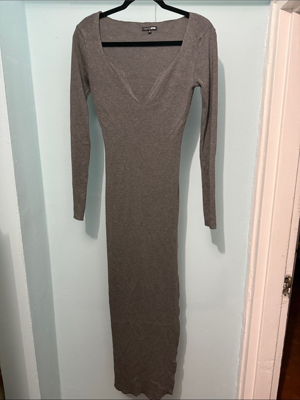 Fashion Nova Grey Long-Sleeve V-Neck Maxi Dress